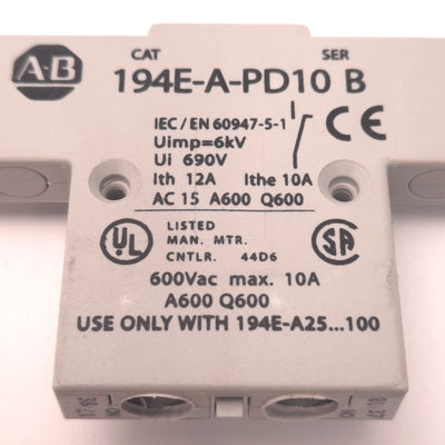 Used Allen-Bradley 194E-A-PD10 Ser B Auxiliary Contact 2 Poles 600v AC 10 Amps NO-EB