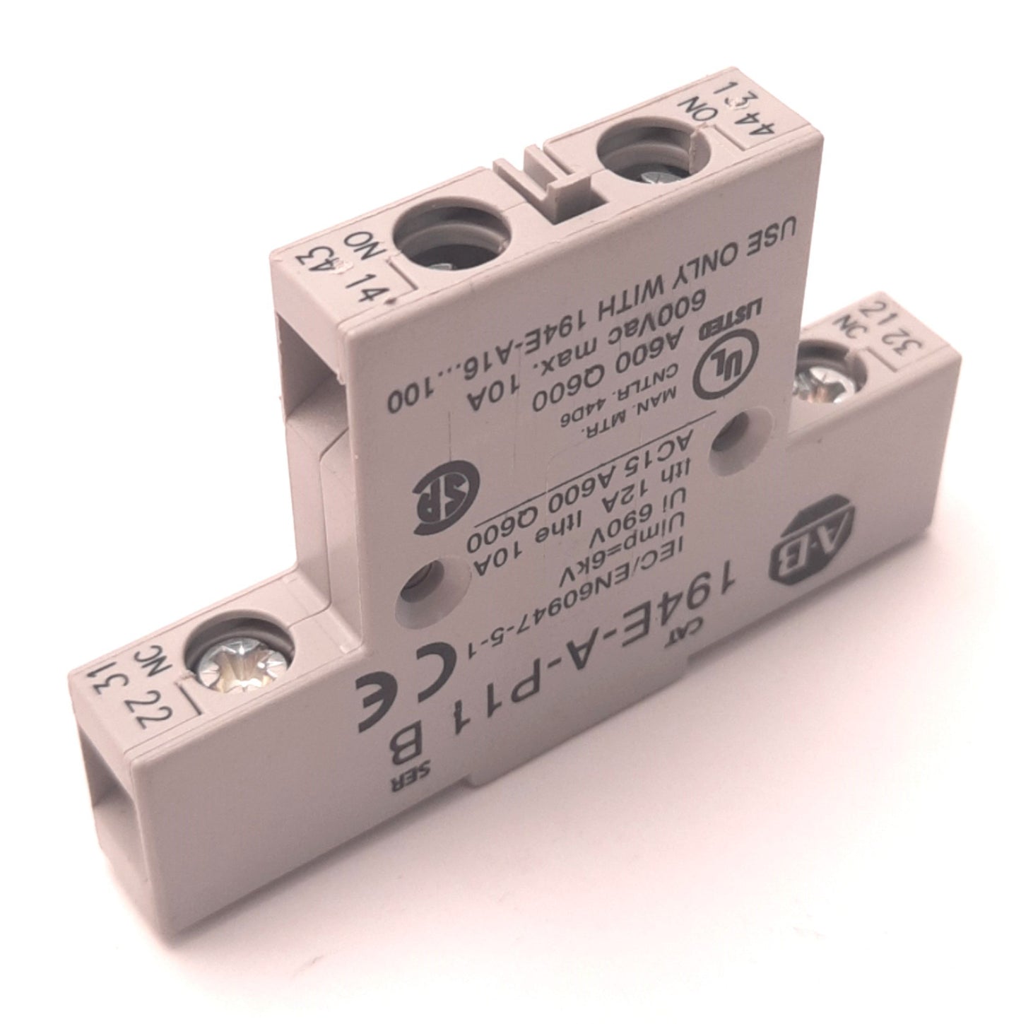 Used Allen Bradley 194E-A-P11 Disconnect Switch Aux Contact 1x NC 1x NO, 600V 10A