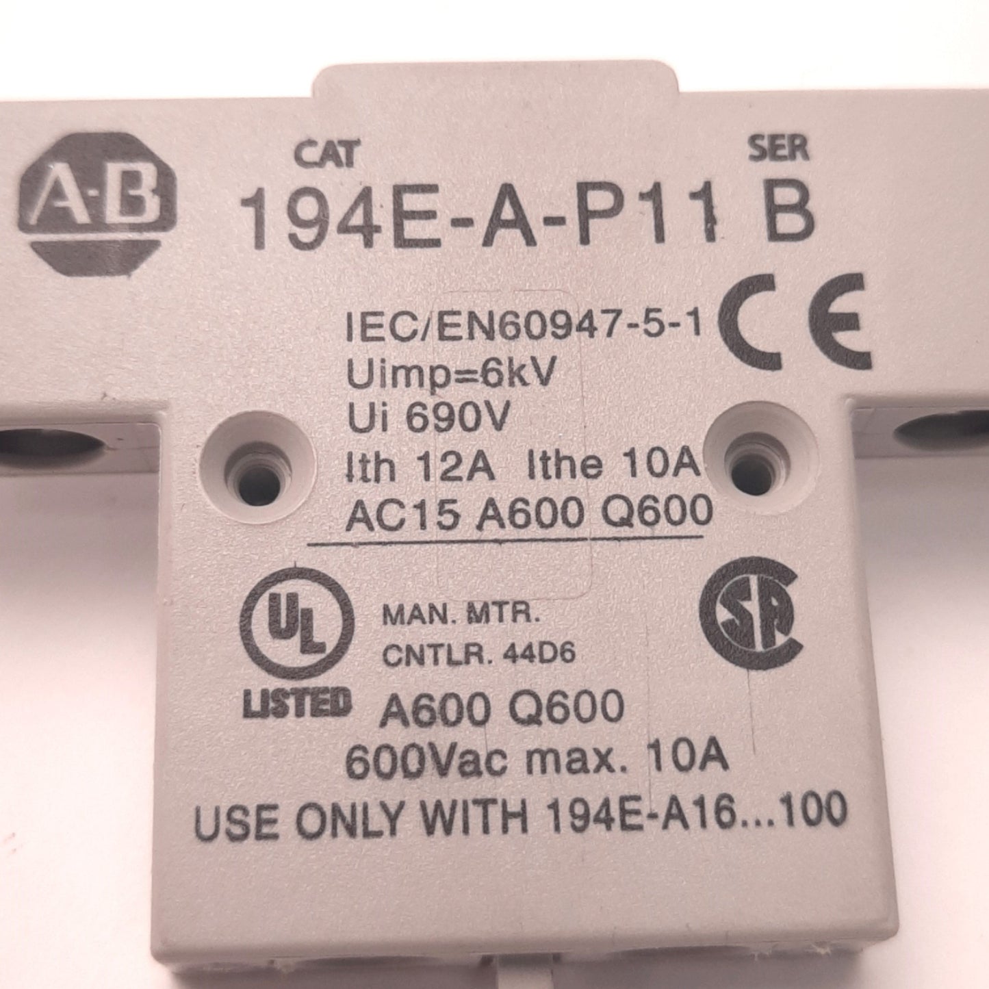 Used Allen Bradley 194E-A-P11 Disconnect Switch Aux Contact 1x NC 1x NO, 600V 10A