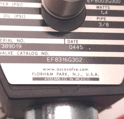 New – Open box ASCO EF8316G302 Redhat Air Inert Gas 3-Way NC Solenoid Valve 24VDC Coil, 3/8"