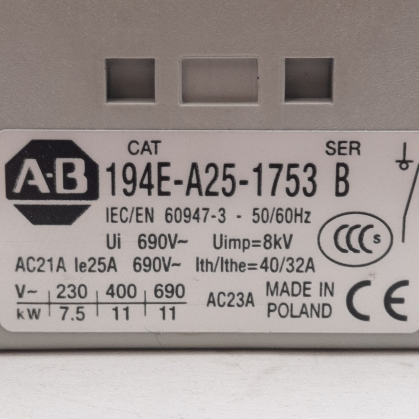 Used Allen Bradley 194E-A25-1753 B Load Disconnect Switch 25A 3-Pole 600V AC