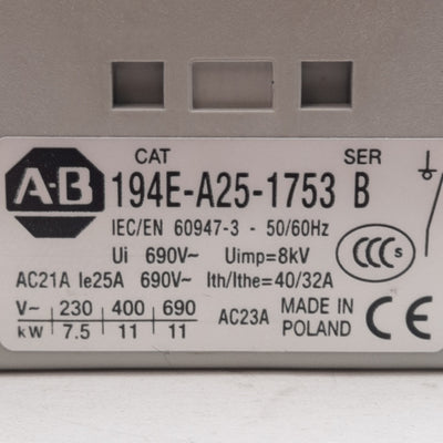 Used Allen Bradley 194E-A25-1753 B Load Disconnect Switch 25A 3-Pole 600V AC