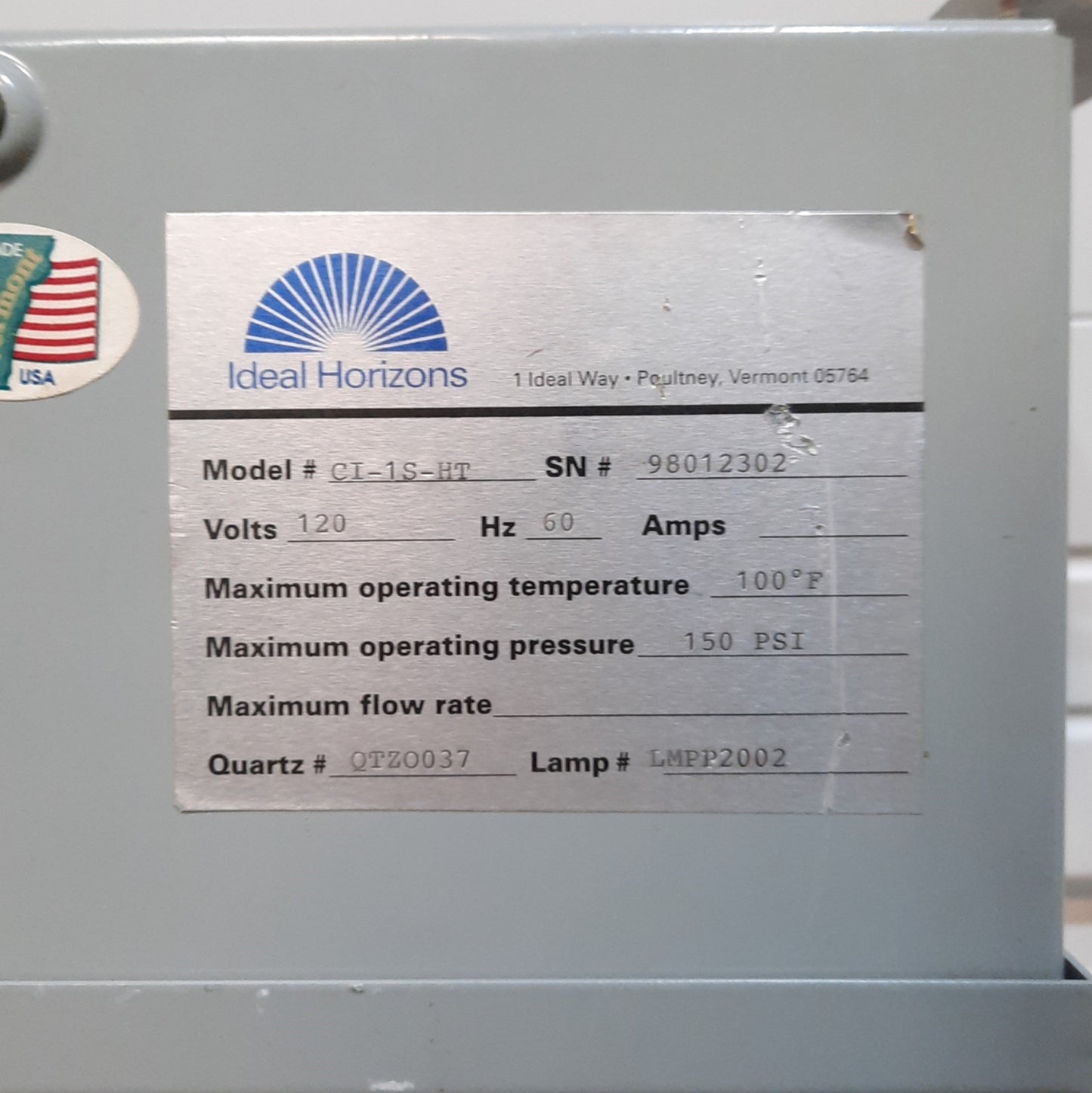 Used Ideal Horizons CI-1S-HT UV Water Treatment System 150PSI 10GPM 1 1/2"NPT 120VAC