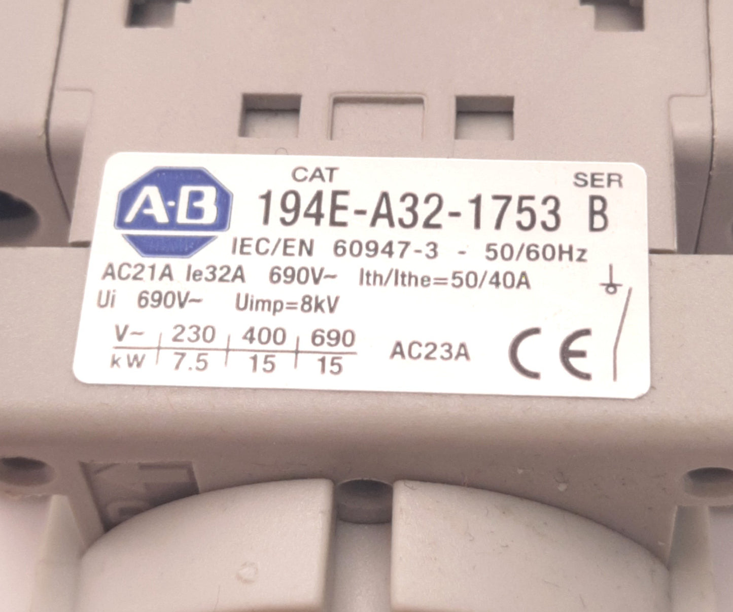 Used Allen Bradley 194E-A32-1753 B Disconnect Switch 32A, 600VAC, 3 Pole, 6-3/8" Post