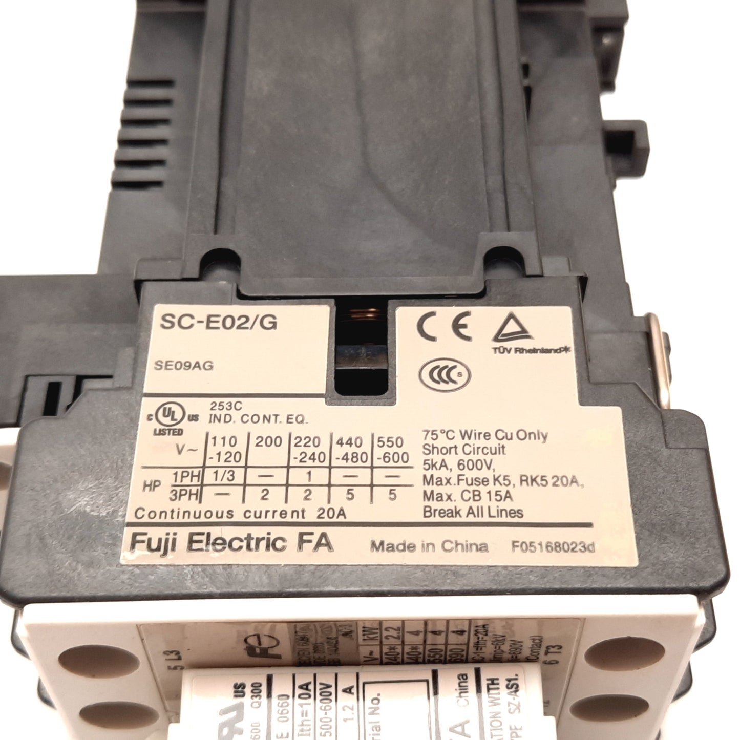 Used Fuji SC-E02/G Contactor, 3-Pole, Coil: 24VDC, Rating: 600V 20A, W/ SZ-A20/T Aux