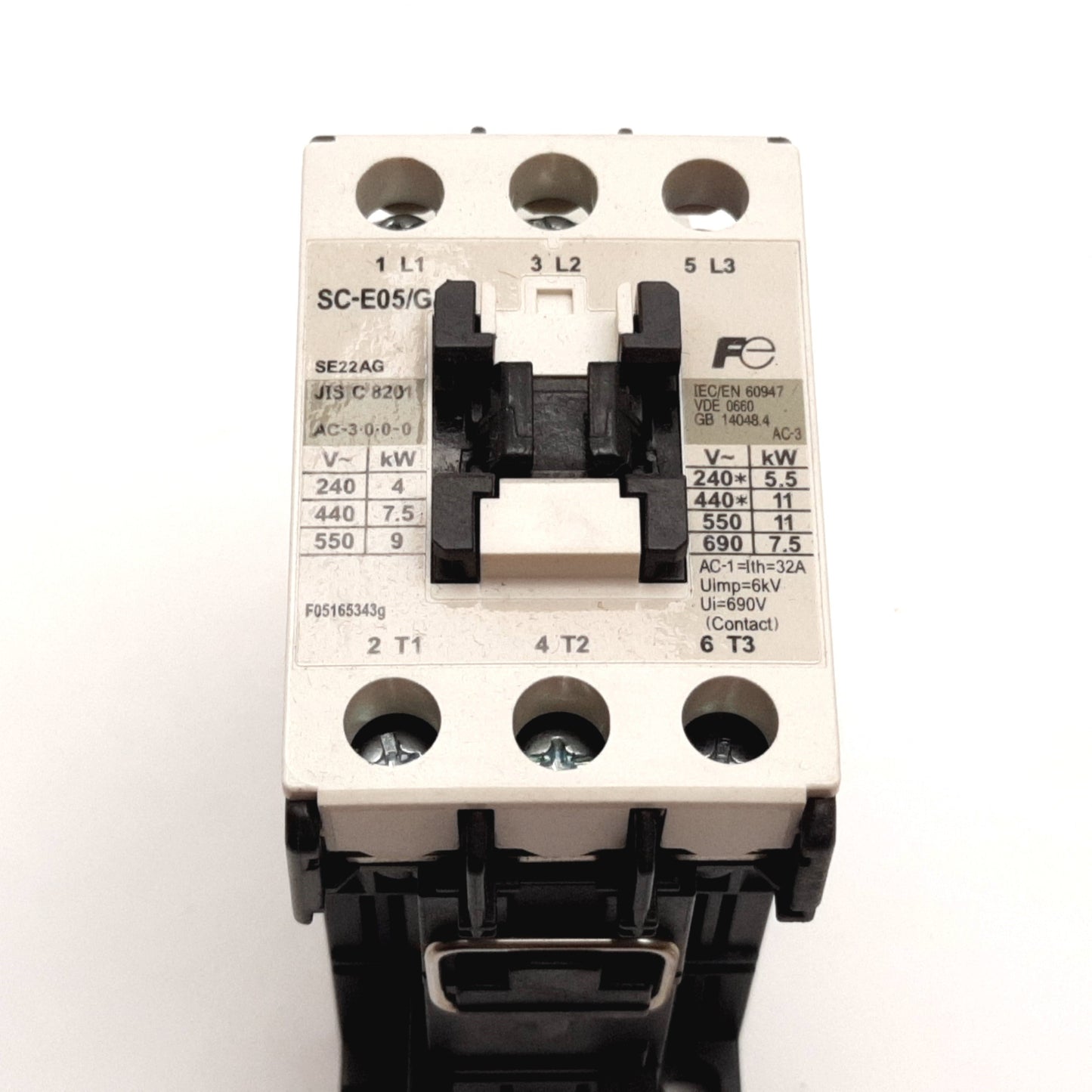Used Fuji SC-E02/G Contactor, 3-Pole, Coil: 24VDC, Rating: 600V 20A, DIN Rail Mount