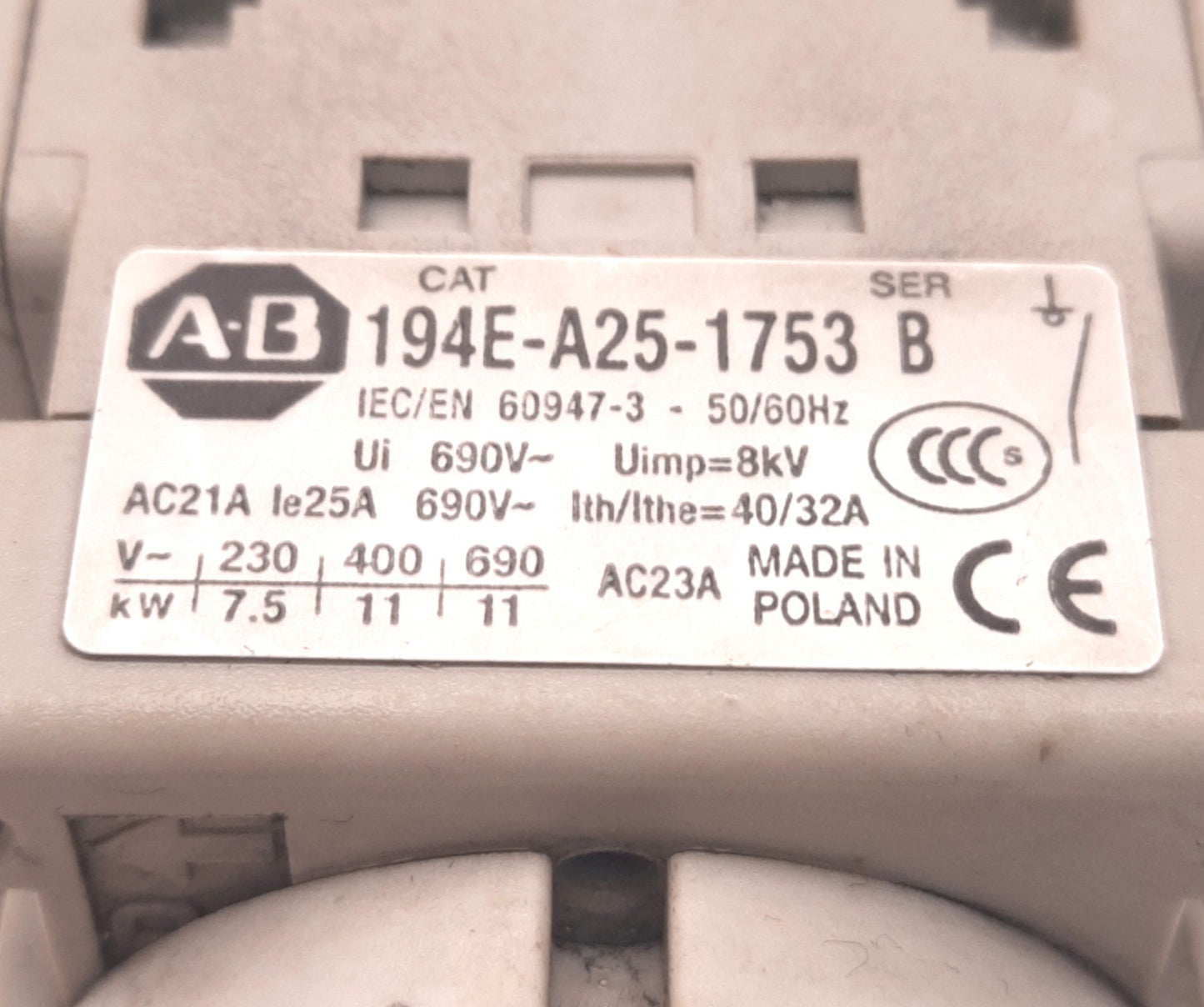 Used Allen Bradley 194E-A25-1753 B Disconnect Switch 25A 3-Pole 600v AC, 2-3/8" Shaft