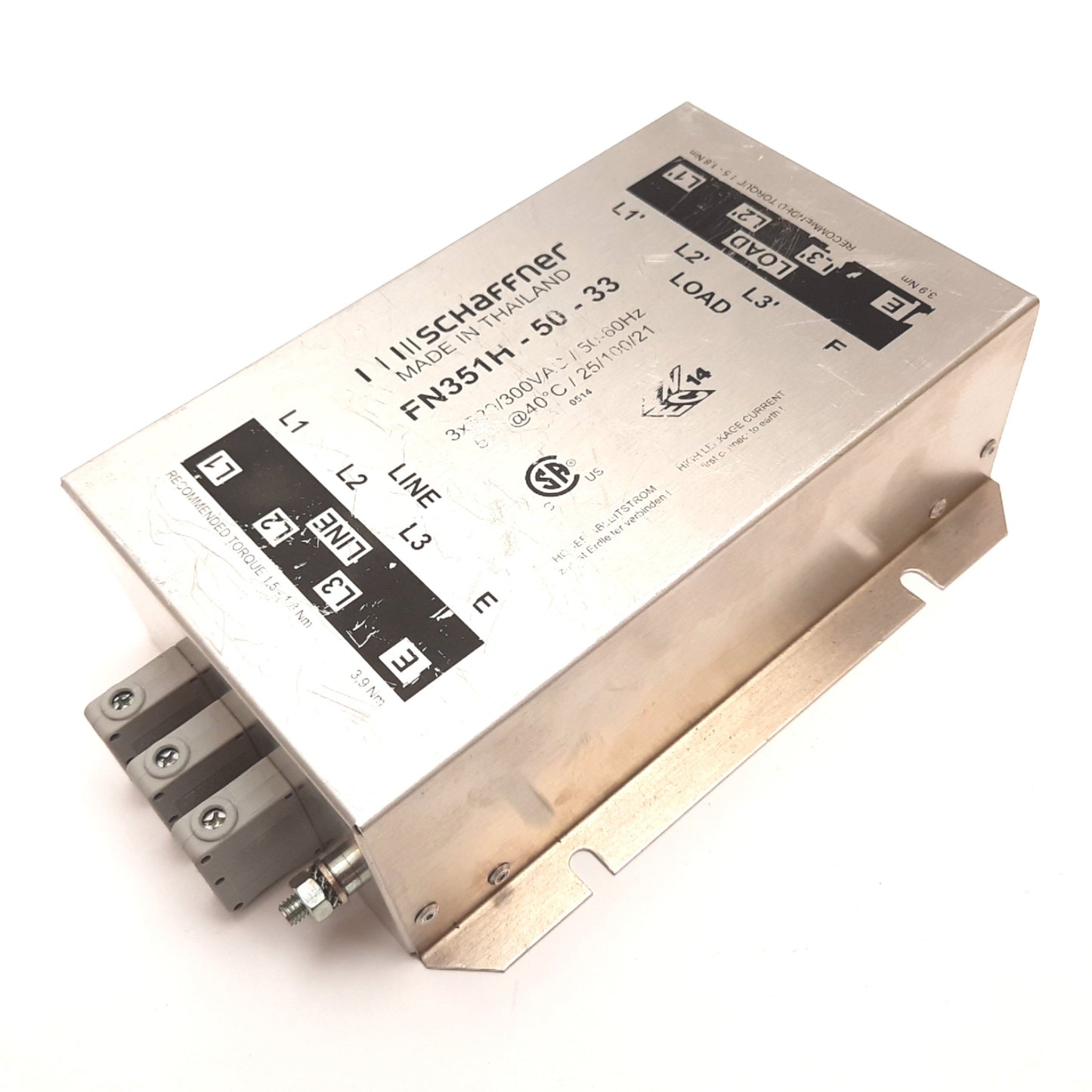 Used Schaffner FN351H-50-33 Power Line Filter, Rating: 3-Phase 520/300VAC 50A