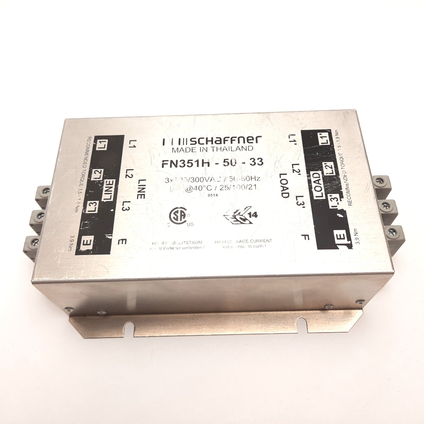 Used Schaffner FN351H-50-33 Power Line Filter, Rating: 3-Phase 520/300VAC 50A