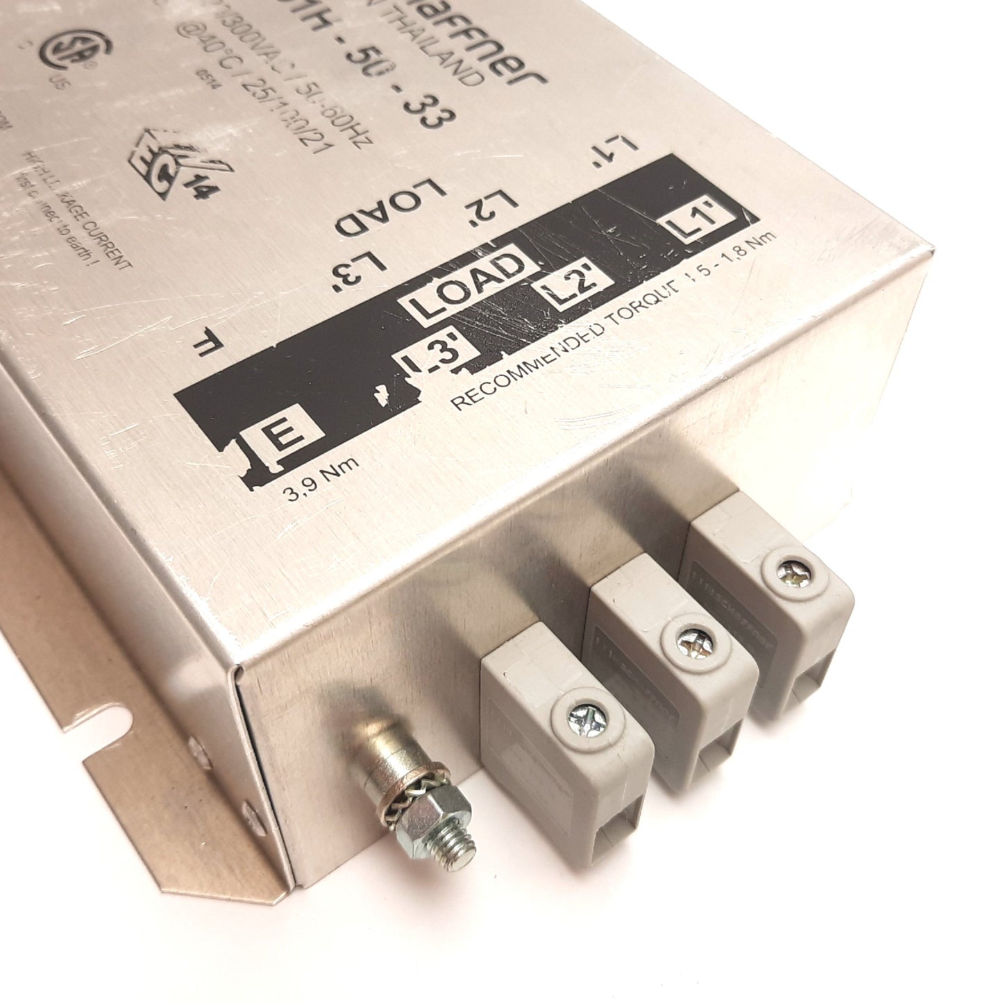 Used Schaffner FN351H-50-33 Power Line Filter, Rating: 3-Phase 520/300VAC 50A