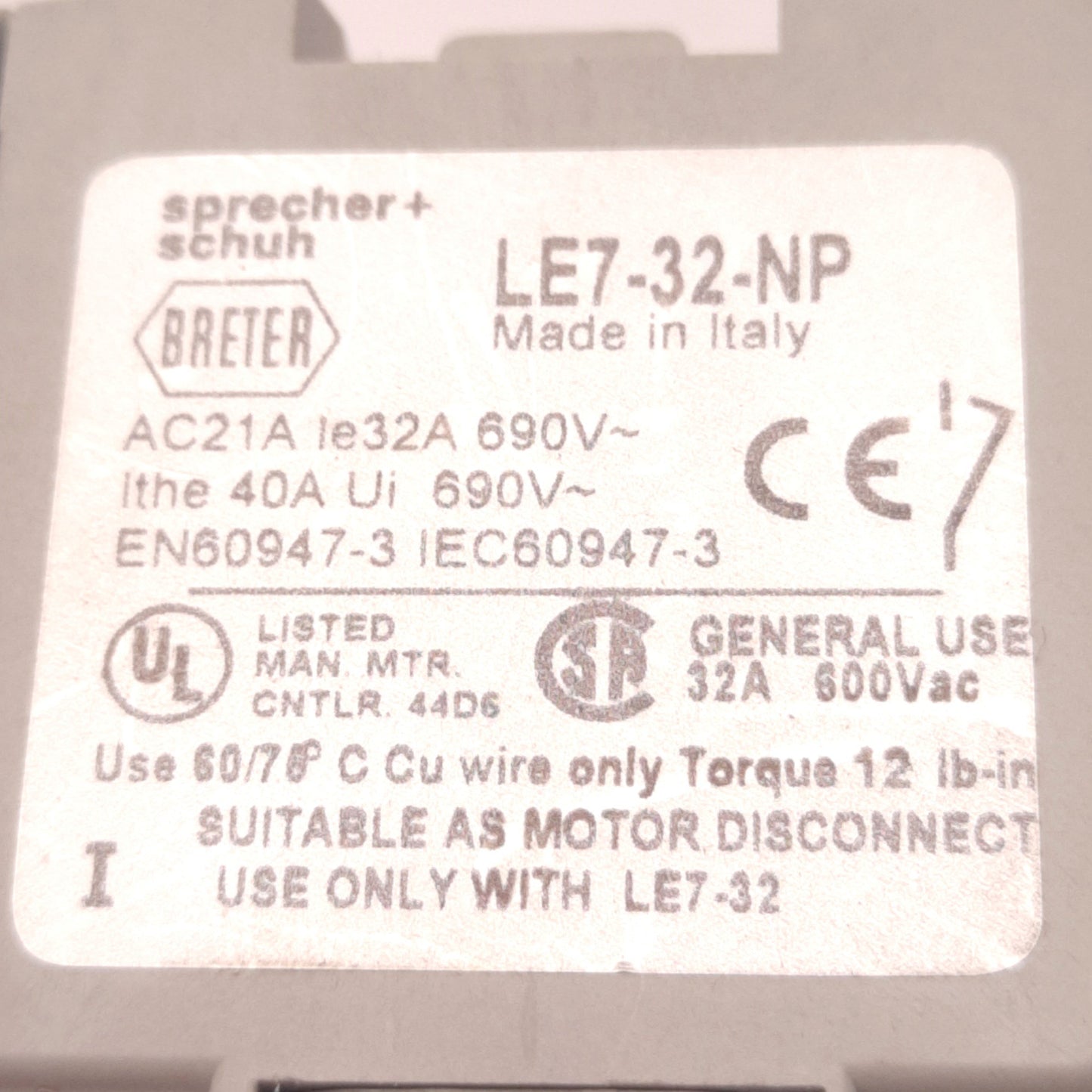 Used Sprecher & Schuh LE7-32-NP Auxiliary Contact For Use With LE-32