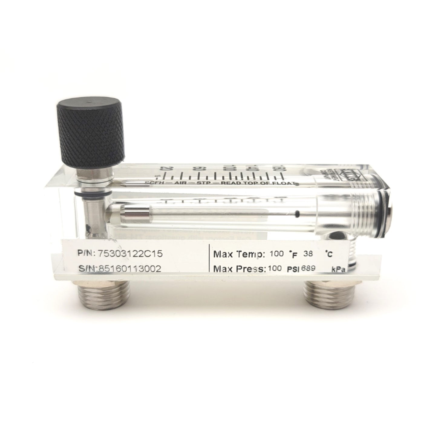 New – Open box King Instrument 75303122C15 Acrylic Tube Flowmeter With Valve 0-180SCFM, 1/4"NPT