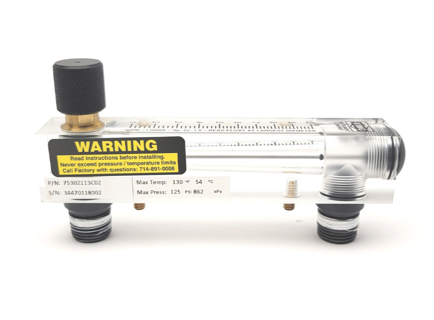 Used King Instrument 75302113C02 Acrylic Tube Flowmeter With Valve 0-1GPM, 1/4"NPT