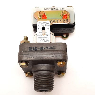 Used Barksdale E1S-H-VAC Pressure Switch, 0.5-30inHg Vac, 1/2" NPT, 1/8" NPT