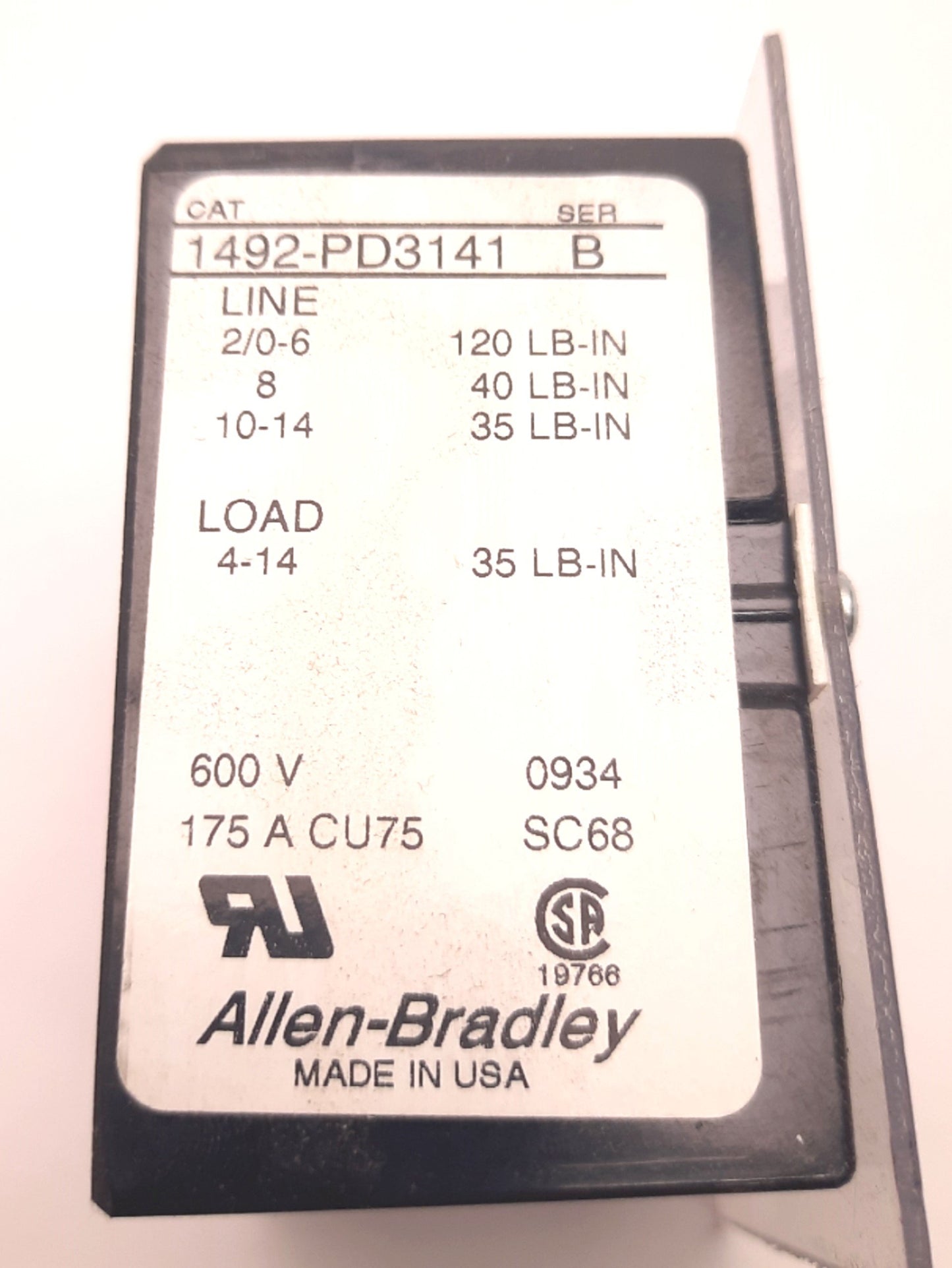 Used Allen-Bradley 1492-PD3141 B Distribution Block 600v AC/DC, 175 Amps, 14-4 AWG