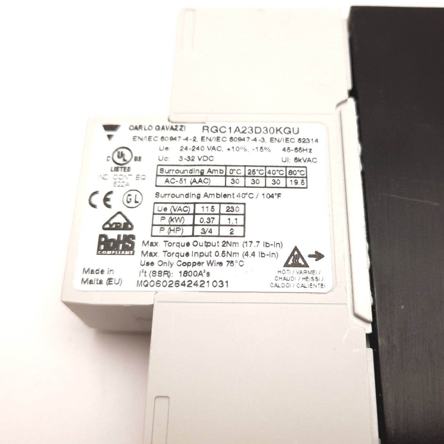 Used Carlo Gavazzi RGC1A23D30KGU Solid State Relay, Control 3-32VDC, Rating 24-240VAC