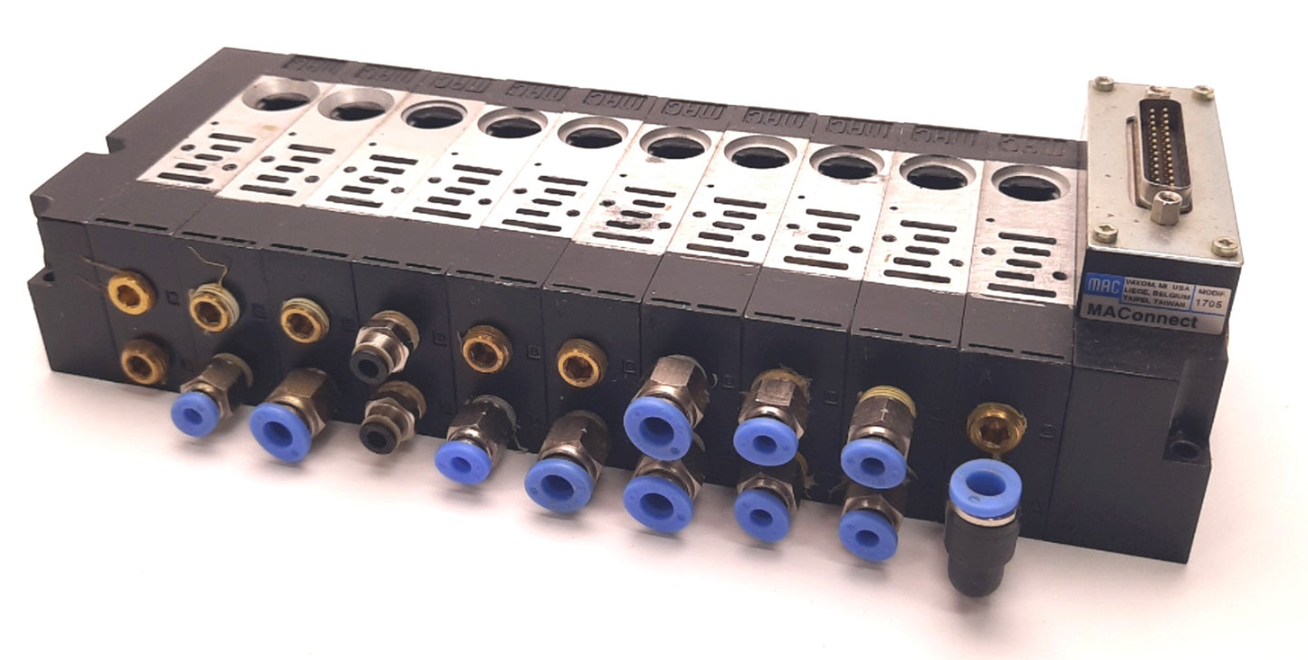 Used Mac Valves 45 Series 1705 MAConnect Manifold 10 Stations, 25 Pin D-Sub, 120 Psi