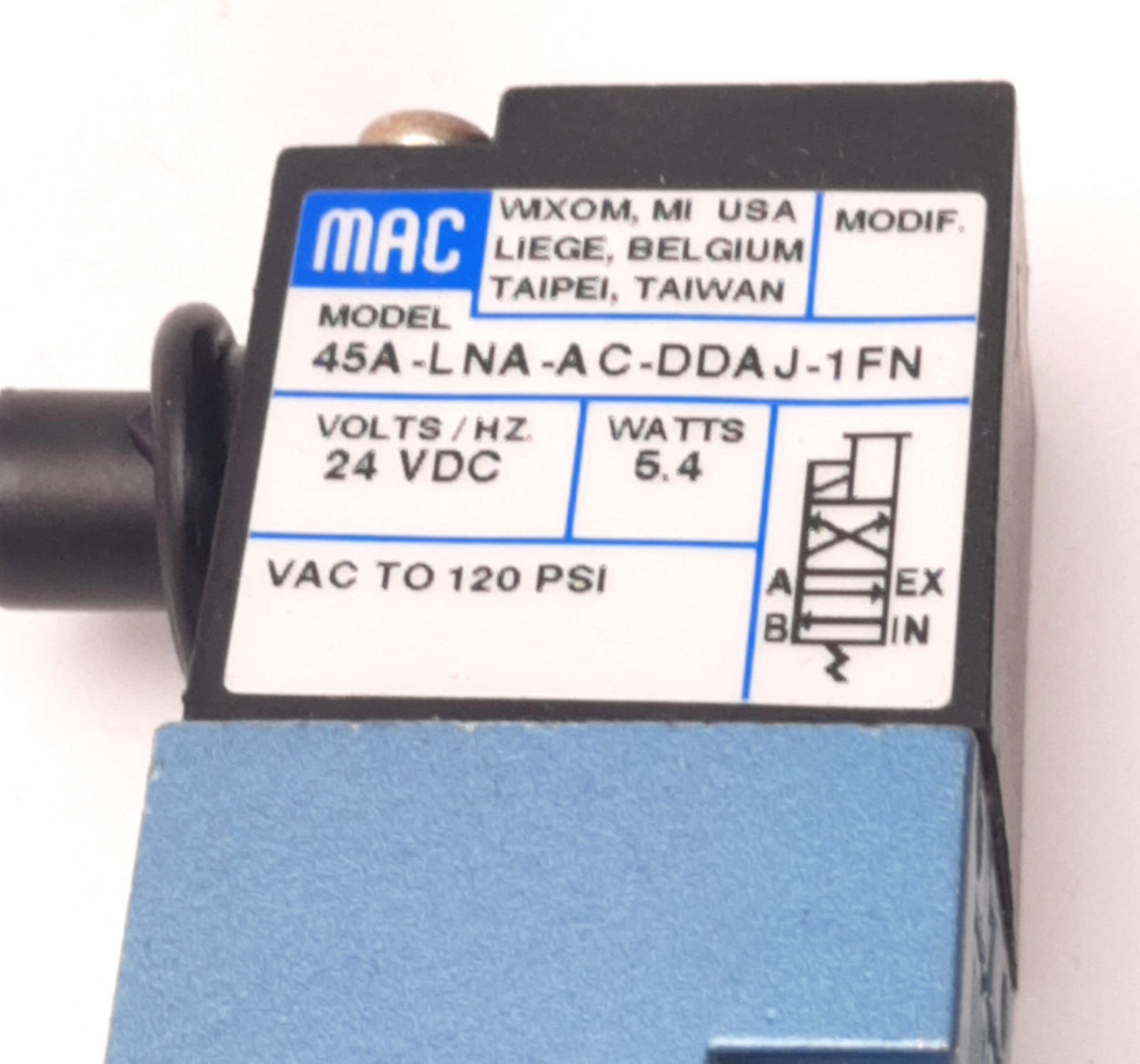 Used Mac Valves 45A-LNA-AC-DDAJ-1FN MAConnect 45 Series Poppet Valve 24v DC, 120 Psi