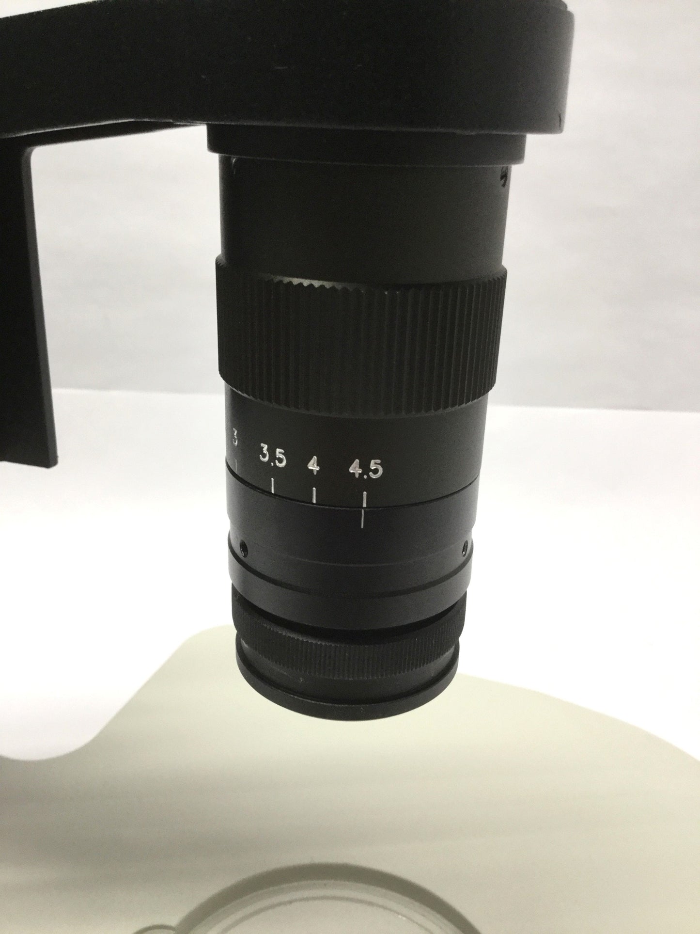 Used Omano OM10K Microscope/Camera Inspection Lens & Stand, 7-45X 4" WD, C-Mount