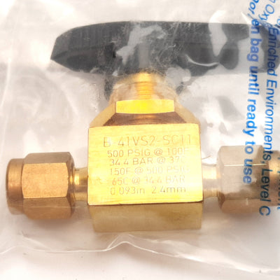 New Swagelok B-41VS2-SC11 1-Piece Ball Valve, 500psi, 1/8" Swagelok Tube Fittings