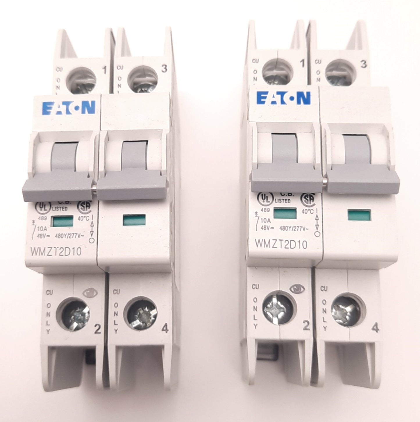 Used Lot of 2 Eaton WMZT2D10 Circuit Breaker 96v DC 480v DC 10A, 2 Poles, DIN Mount