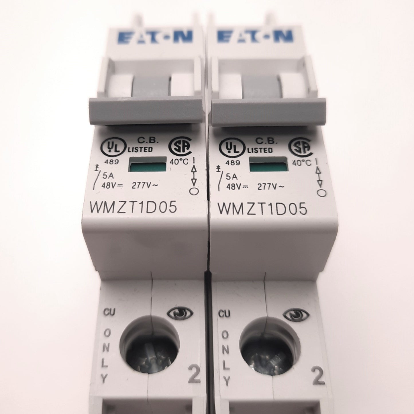 Used Lot of 2 Eaton WMZT1D05 Circuit Breaker Single Pole 277/480v AC 5A, DIN Mount