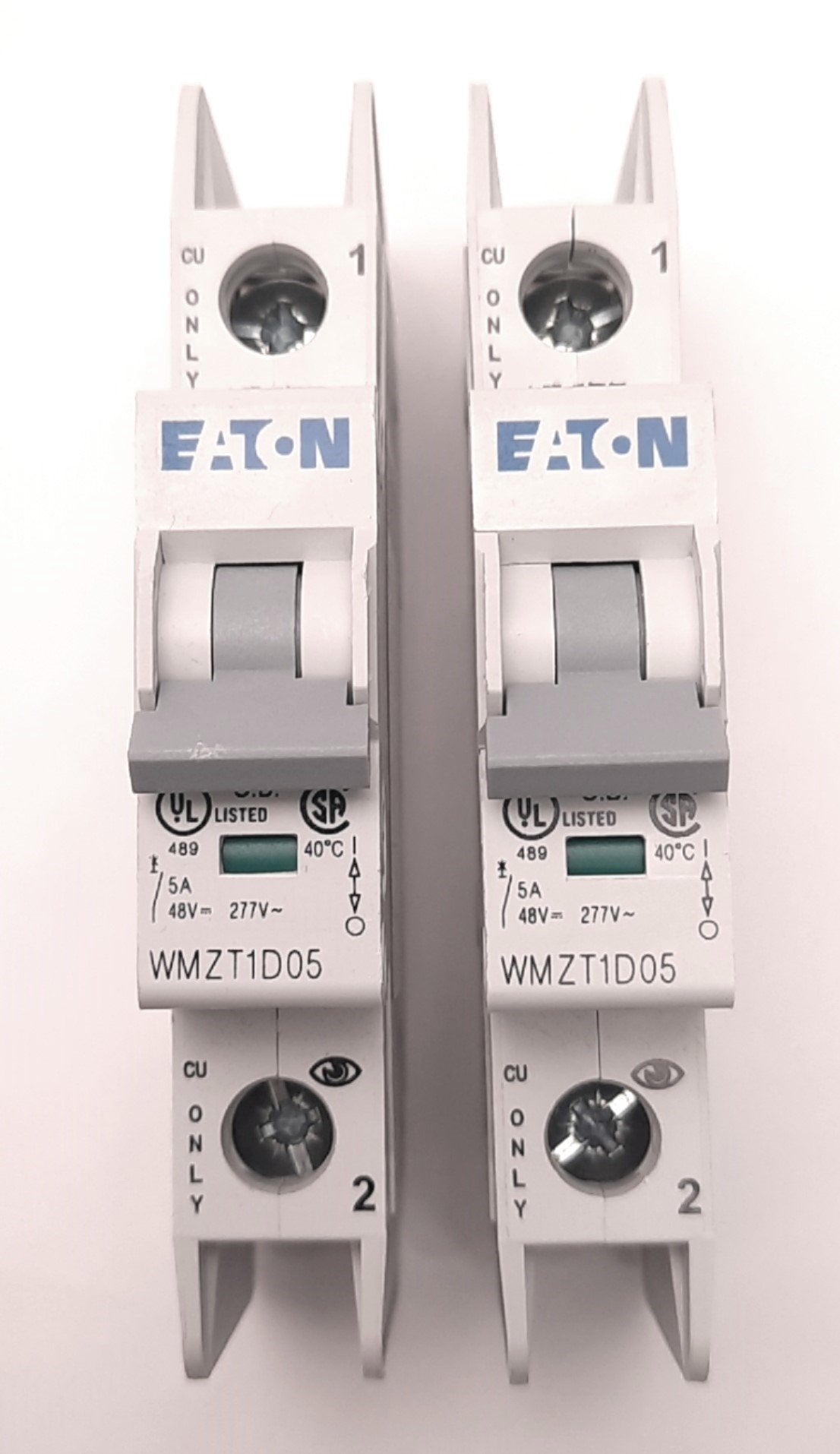 Used Lot of 2 Eaton WMZT1D05 Circuit Breaker Single Pole 277/480v AC 5A, DIN Mount