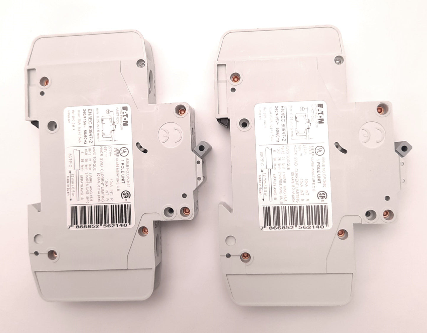 Used Lot of 2 Eaton WMZT1D05 Circuit Breaker Single Pole 277/480v AC 5A, DIN Mount