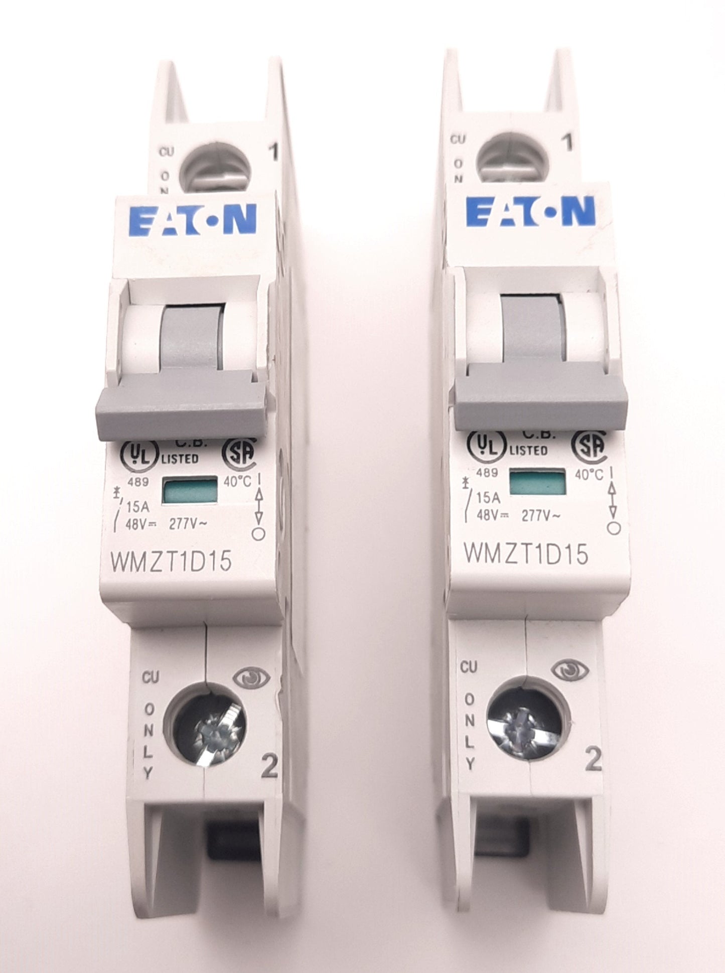 Used Lot of 2 Eaton WMZT1D15 Circuit Breaker Single-Pole 277/480v AC 15A, Din Mount