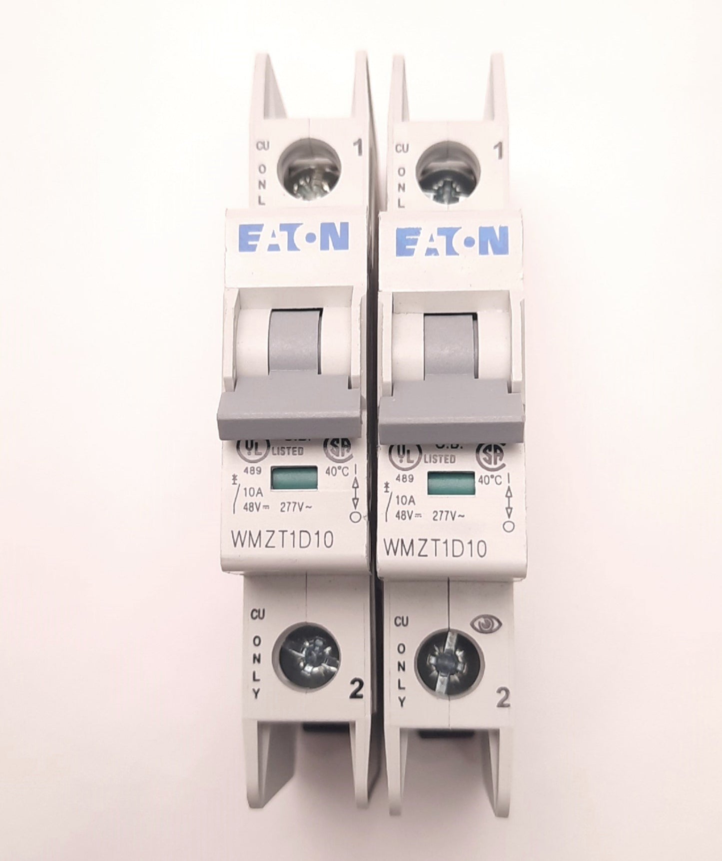 Used Lot of 2 Eaton WMZT1D10 Circuit Breaker Single Pole 277/480v AC 10A, DIN Mount