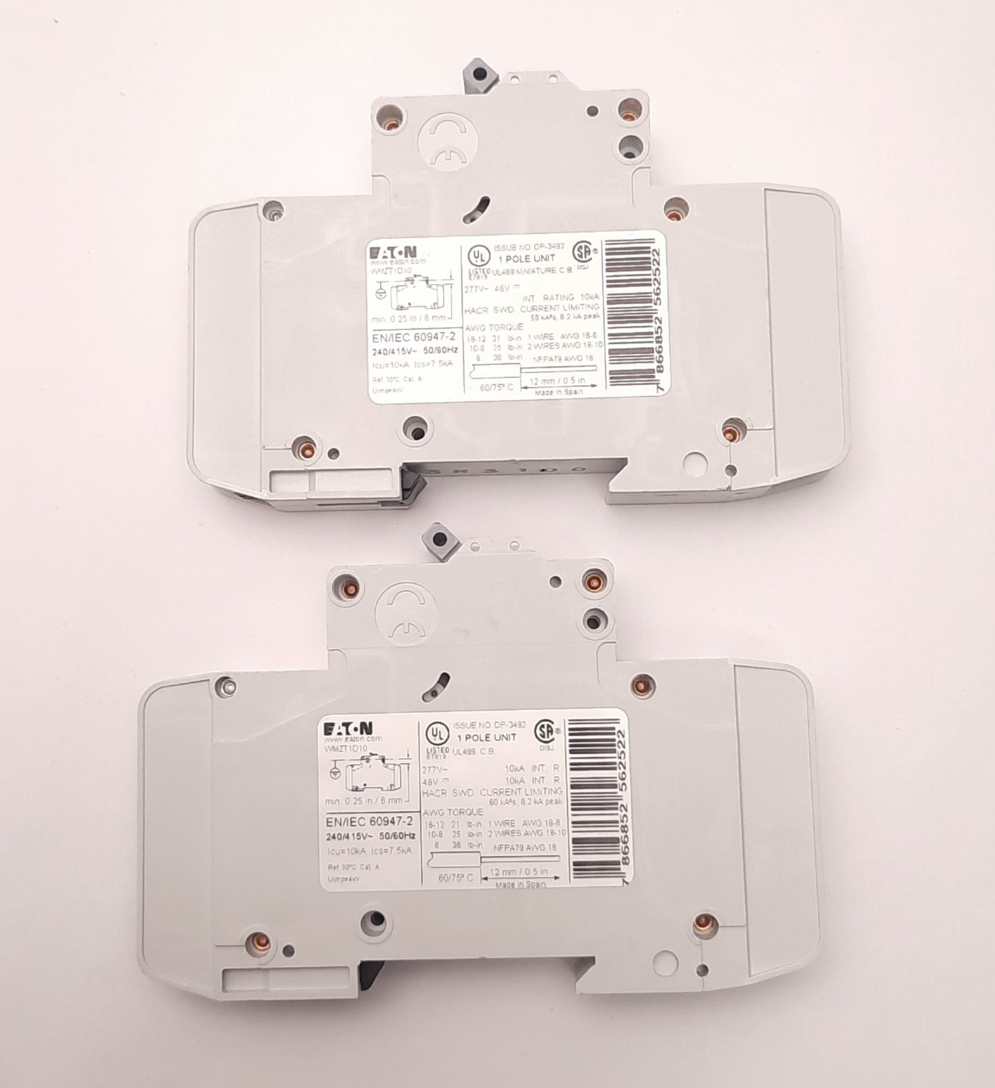 Used Lot of 2 Eaton WMZT1D10 Circuit Breaker Single Pole 277/480v AC 10A, DIN Mount