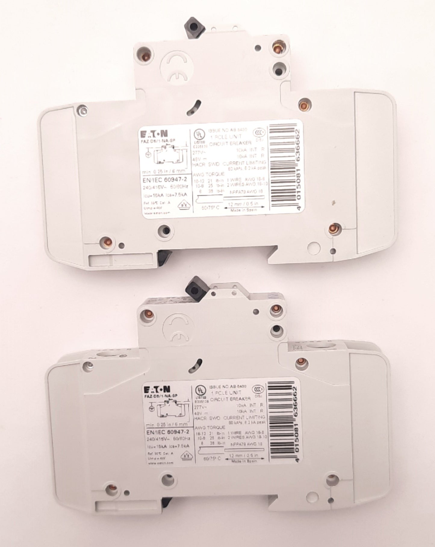 Used Lot of 2 Eaton FAZ-D5/1-NA Circuit Breaker Single-Pole 5A, 60v DC, 240/415v AC