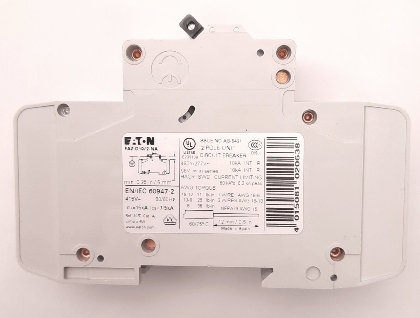 Used Eaton FAZ-D10/2-NA Circuit Breaker Two-Pole, 15A, 415v AC, 60v DC, DIN Mount