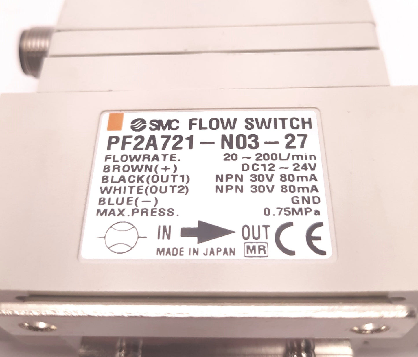 Used SMC PF2A721-N03-27 Digital Air Flow Sensor, 3/8" NPT, 200L/Min Max, NPN 2 Output