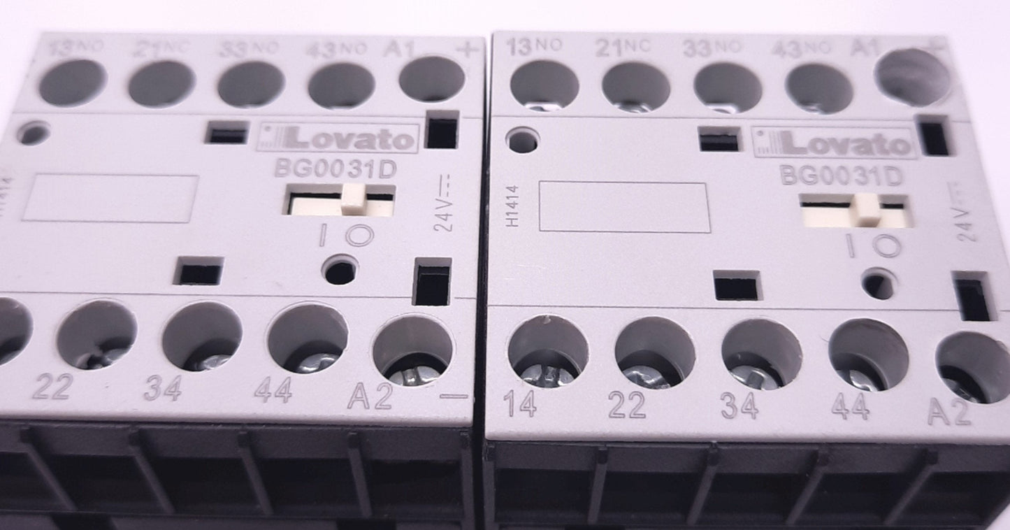 Used Lot of 2 Lovato BG0031D Auxiliary Contactor 4-Pole, 24v DC Coil, 10A, 3NO+1NC