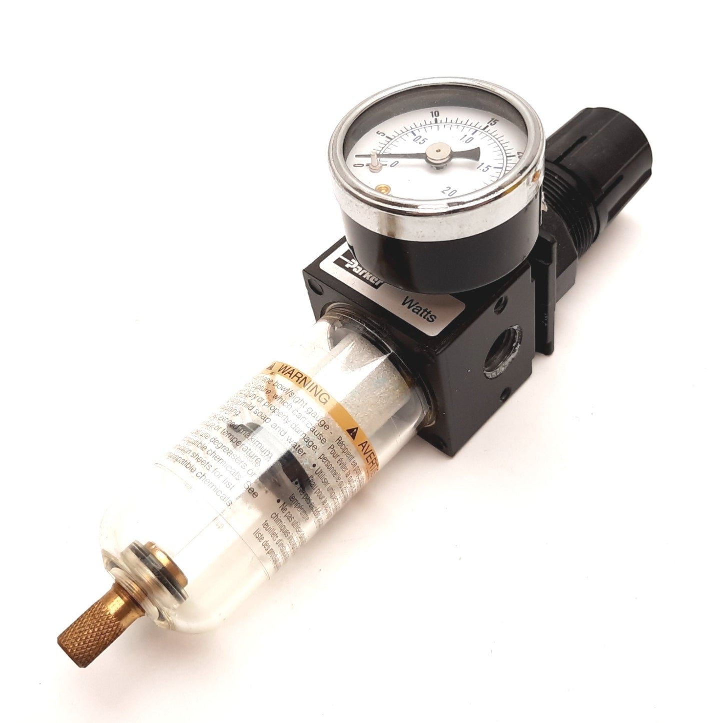 Used Parker B35-02AHA Filter Regulator, Set: 0-25psi, 1/4" NPT, With 0-30psi Gauge