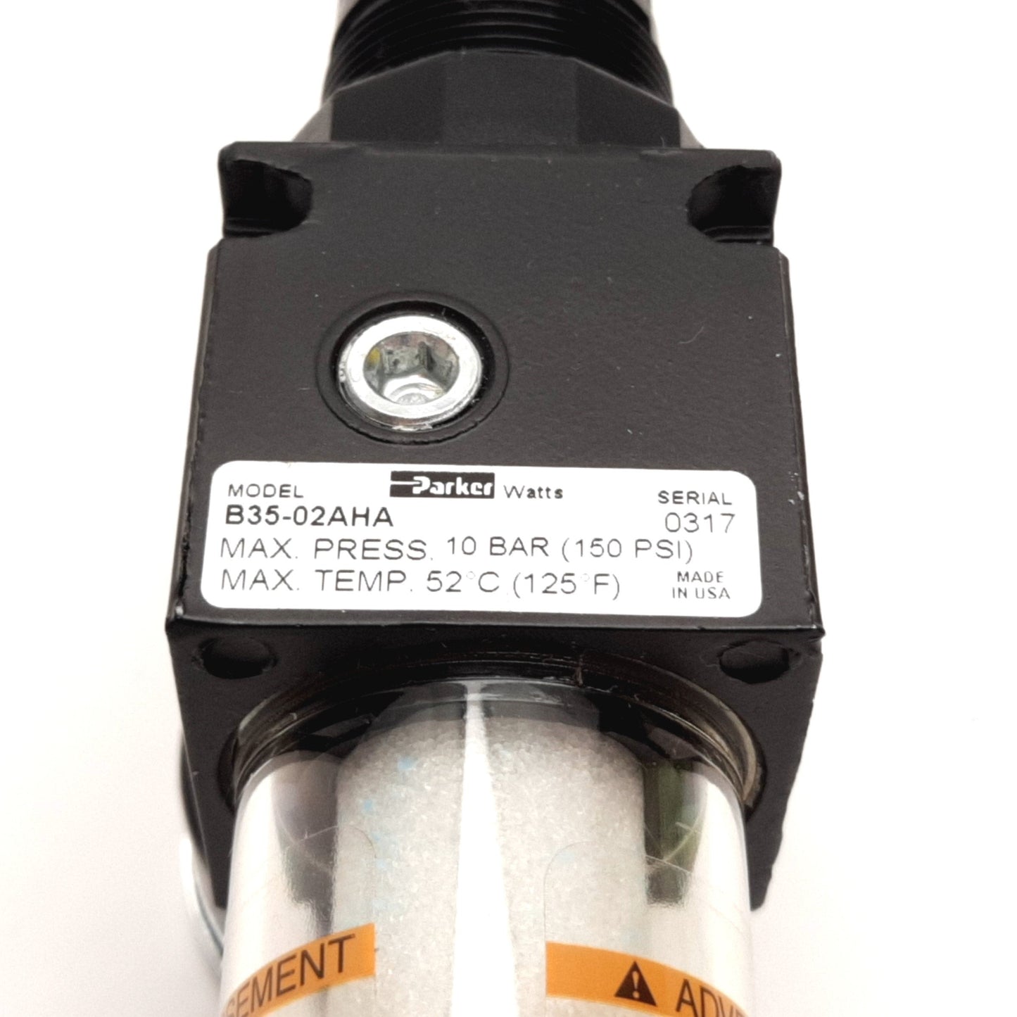 Used Parker B35-02AHA Filter Regulator, Set: 0-25psi, 1/4" NPT, With 0-30psi Gauge