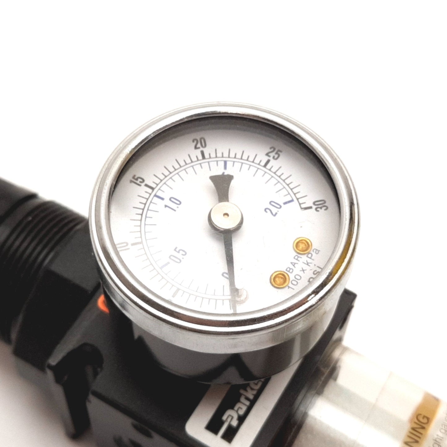Used Parker B35-02AHA Filter Regulator, Set: 0-25psi, 1/4" NPT, With 0-30psi Gauge