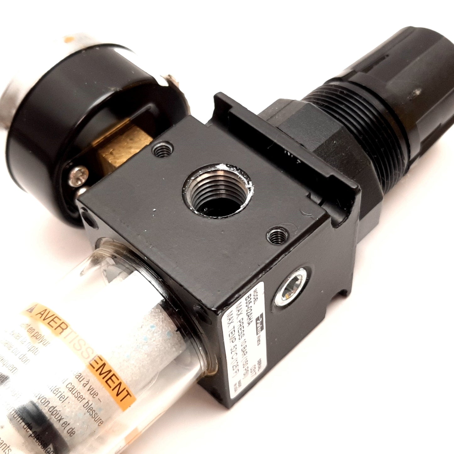 Used Parker B35-02AHA Filter Regulator, Set: 0-25psi, 1/4" NPT, With 0-30psi Gauge