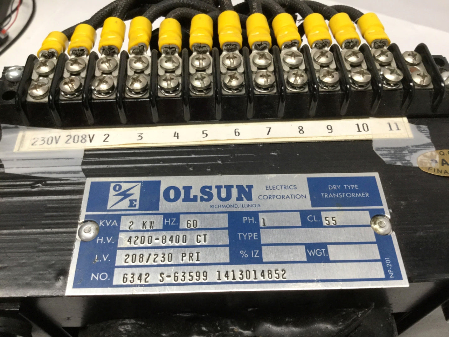 Used Olsun Dry Type Transformer, 2kVA, 4200-8400V CT High, 208/230V Low, 60Hz 1-Phase