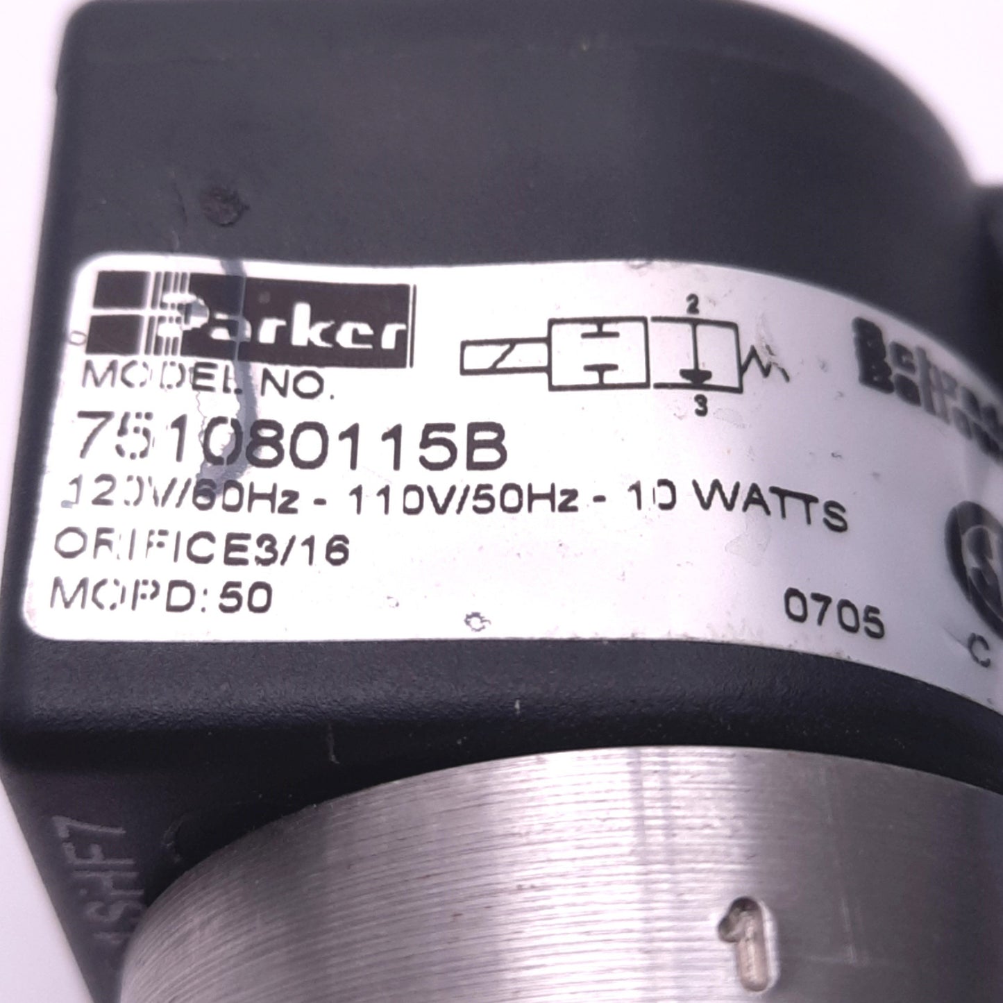 Used Parker 751080115B Cyclone Solenoid Valve 110/120VAC Coil, 2-Way NC, 1/8" NPT