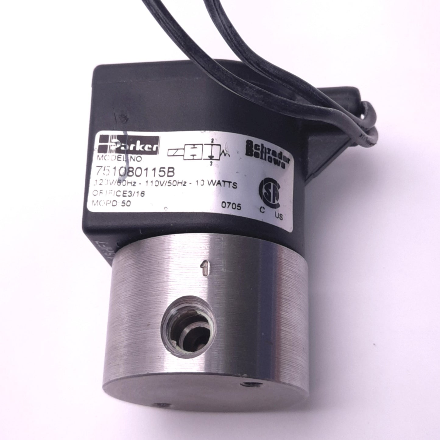Used Parker 751080115B Cyclone Solenoid Valve 110/120VAC Coil, 2-Way NC, 1/8" NPT
