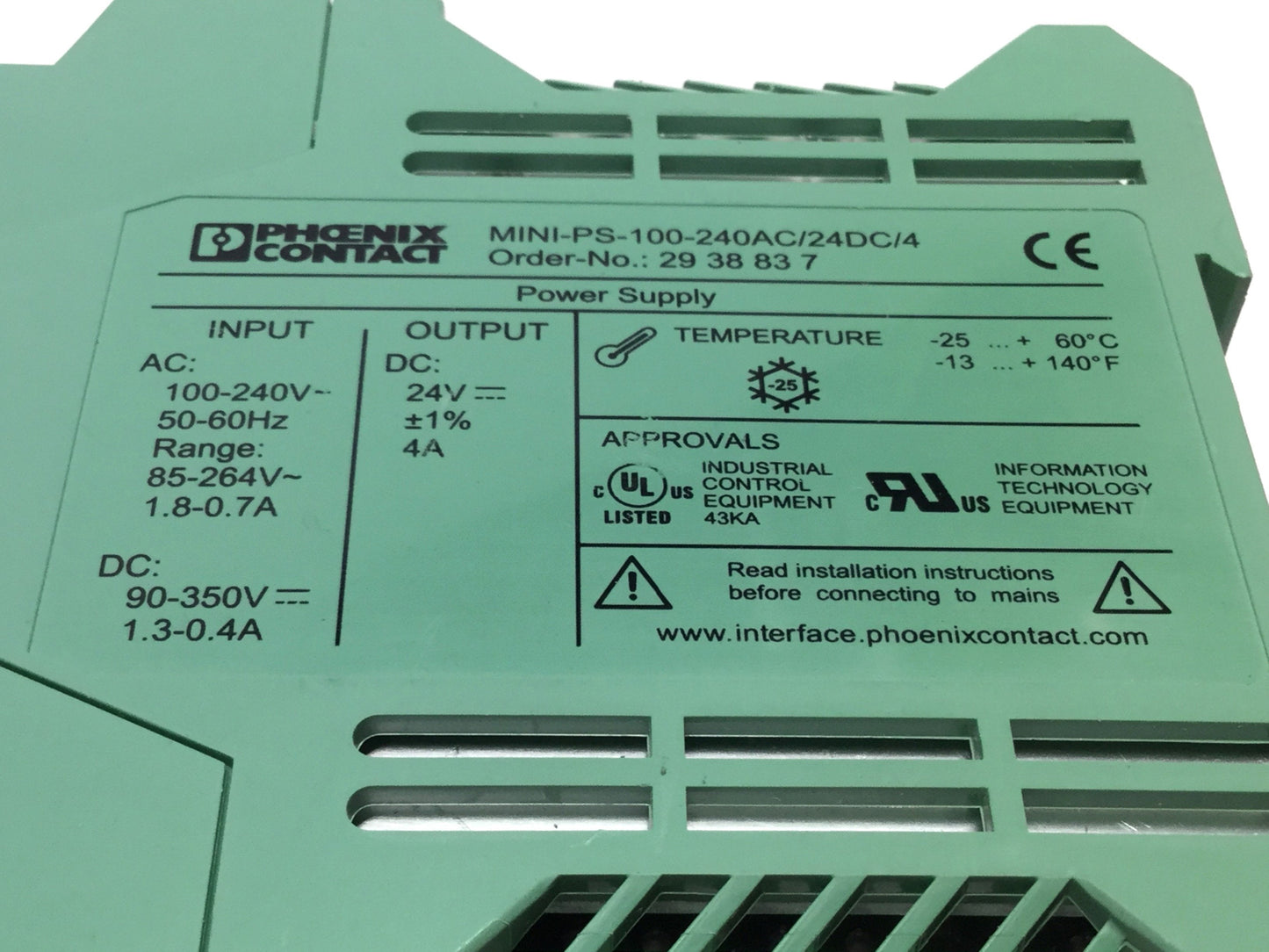 Used Phoenix Contact MINI-PS-100-240AC/24DC/4 Power Supply DIN Unit 24VDC, 4A