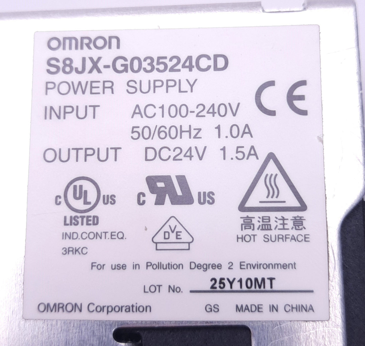Used Omron S8JX-G03524CD Switching Power Supply 100-240v AC 1A Input, 24v DC 1.5A Out