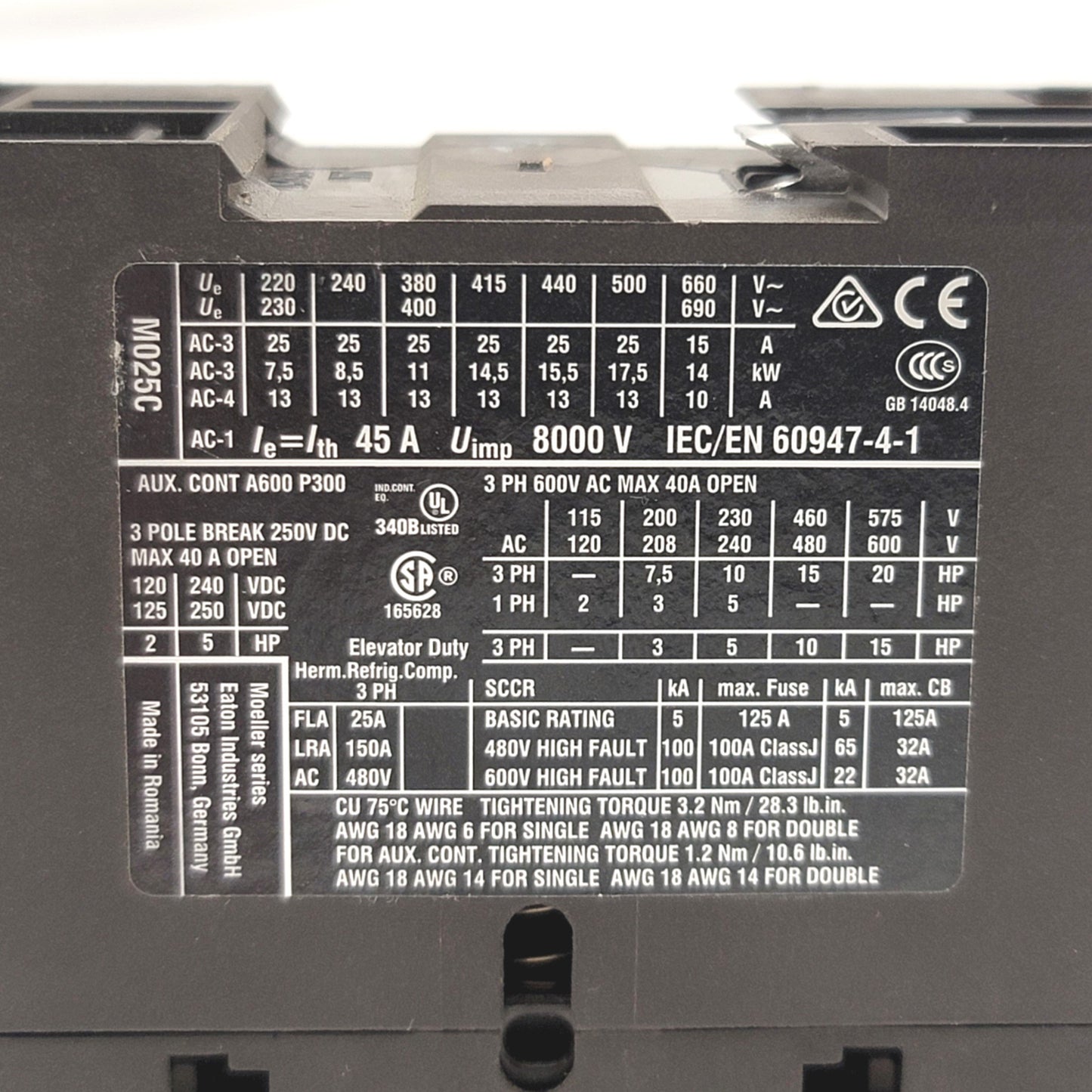 Used Eaton XTCE025C10 IEC Contactor 220-690VAC, 25A, 14kW, 20HP, 115VAC Coil, 3-Pole