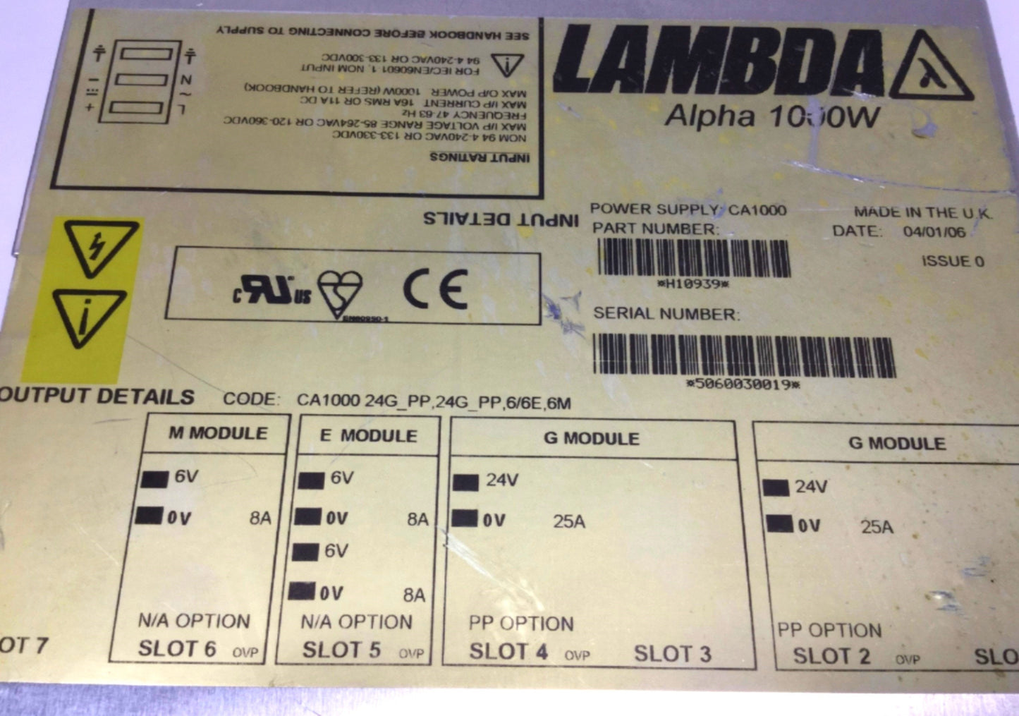 Used LAMBDA CA1000 Alpha 1000W Modular Power Supply 85-264VAC In, 6/24VDC 8/25A Out