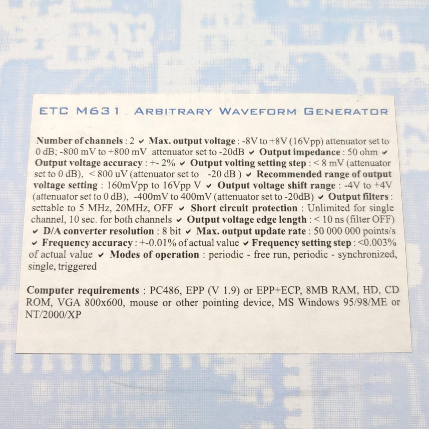 Used ETC M631 Computer Controlled Arbitrary Waveform Generator, 0.1Hz To 25MHz, 2-Ch