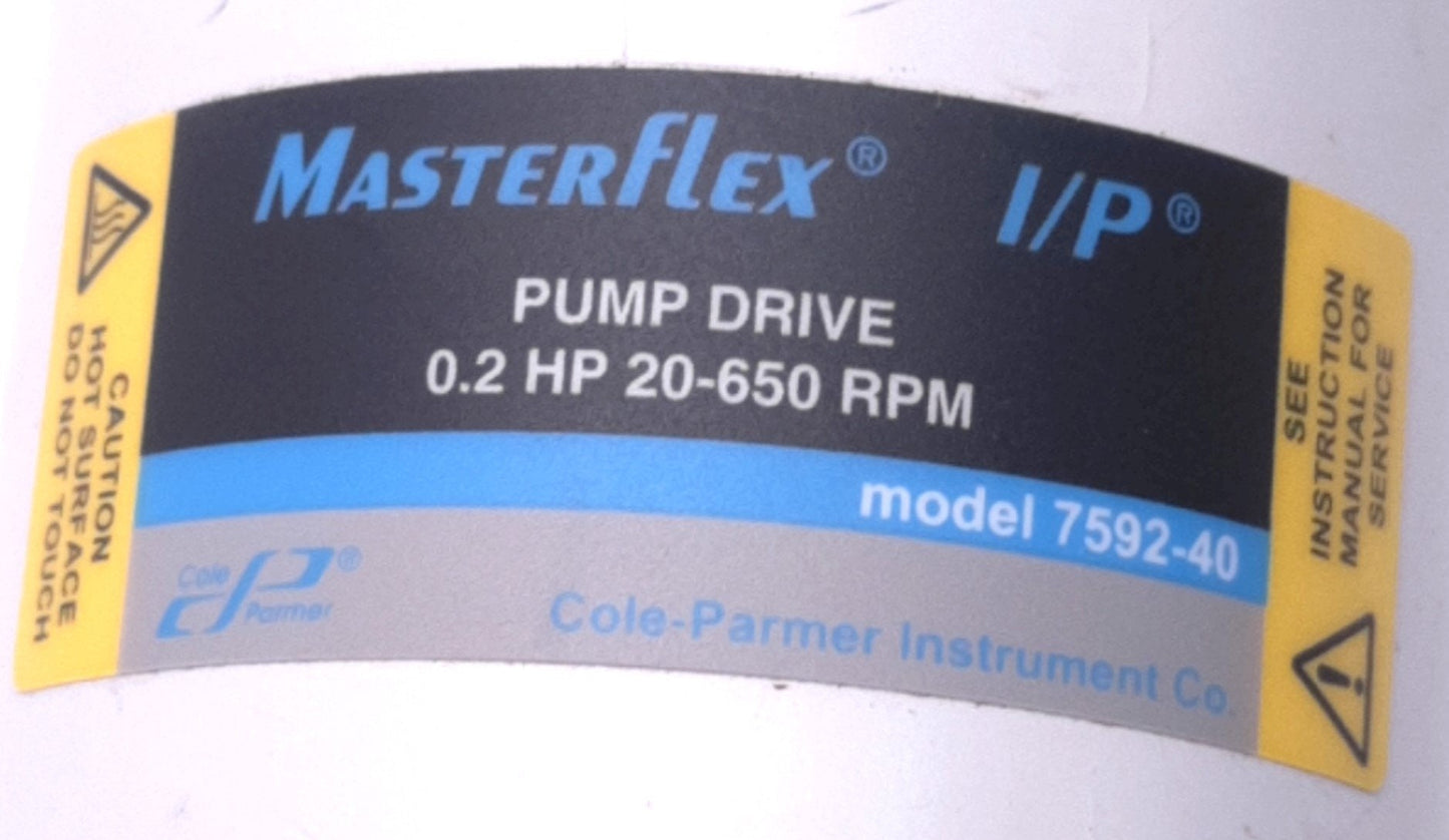 Used Cole Parmer 7592-40 MasterFlex I/P Peristaltic Pump Motor .2HP 20-650RPM 90VDC