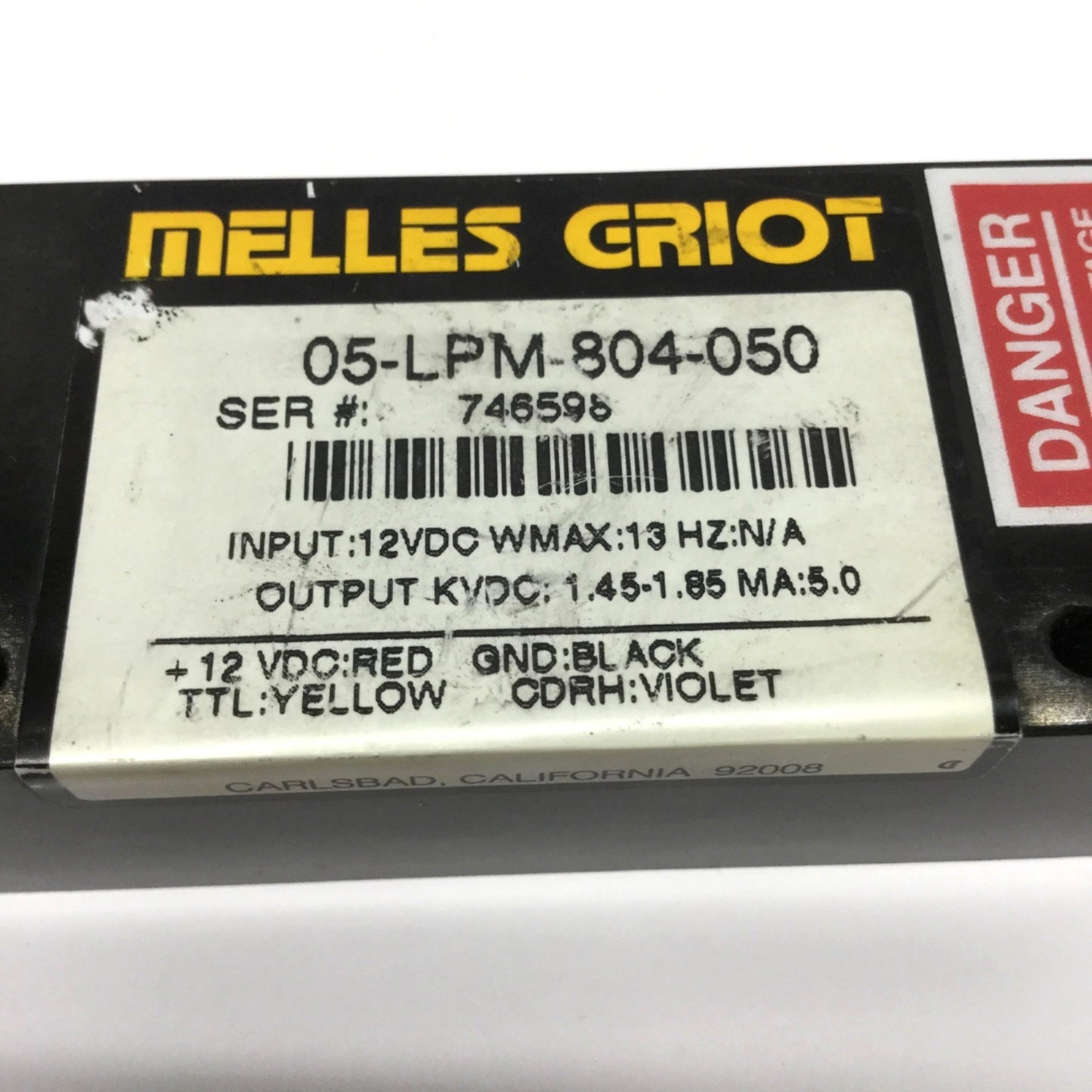 Used Melles Griot 05-LPM-804-050 HeNe Laser Power Supply 12VDC In, 1.45-1.85kVDC 5mA