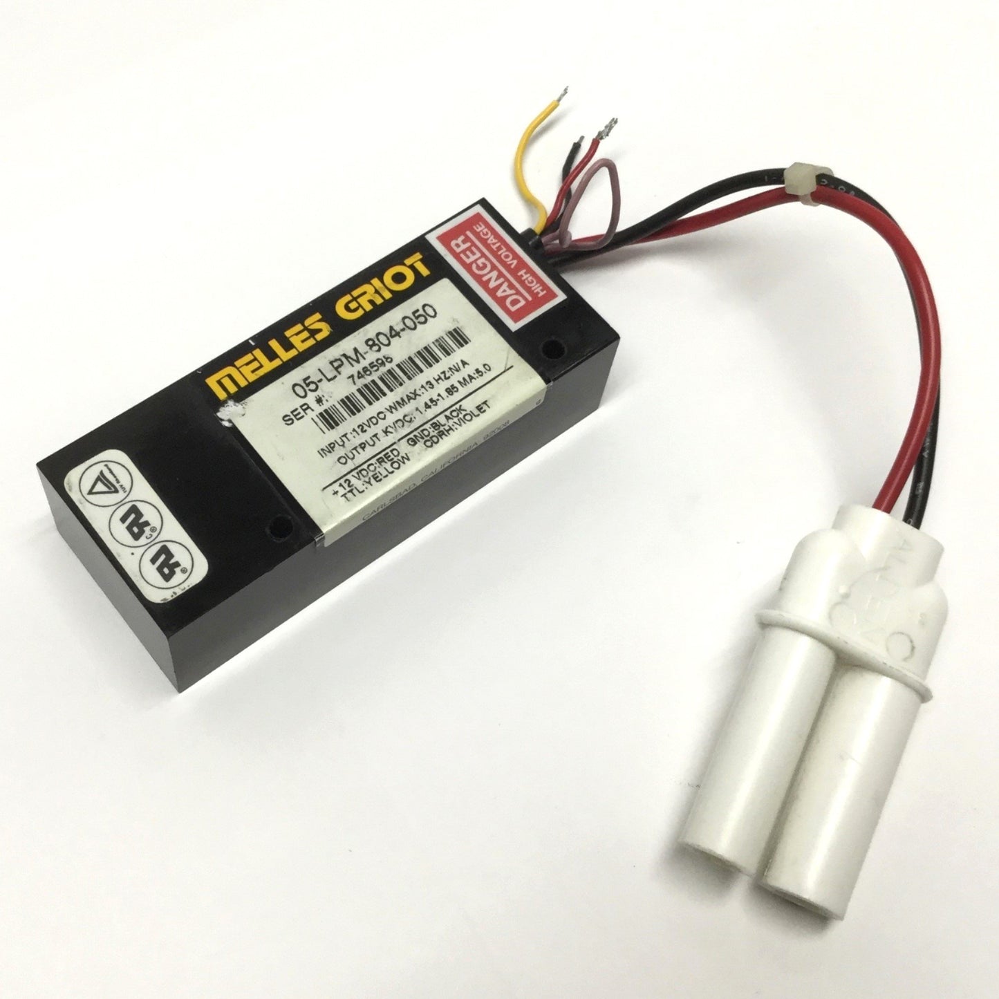Used Melles Griot 05-LPM-804-050 HeNe Laser Power Supply 12VDC In, 1.45-1.85kVDC 5mA